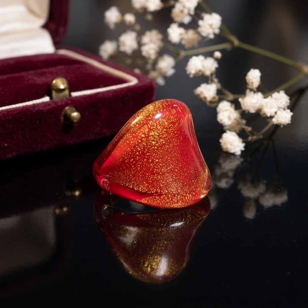 Vintage Italian Murano Style Red & Gold Aventurine Glass Ring – Size 6.5